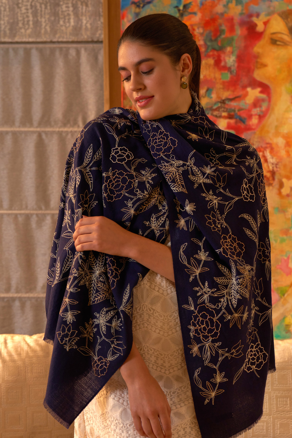 Golden Peony | Embroidered Fine Merino Wool Stole – Navy