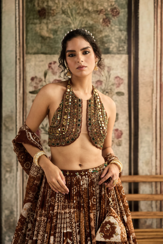 CARAMEL EMBROIDERED HALTER BLOUSE WITH PRINTED LEHENGA SET