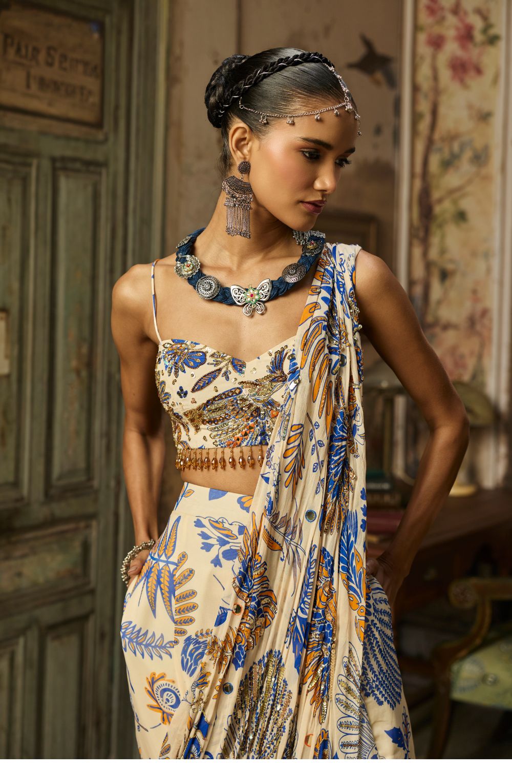 IVORY PRINTED AND HIGHLIGHTED SHARARA PANTS SAREE SET