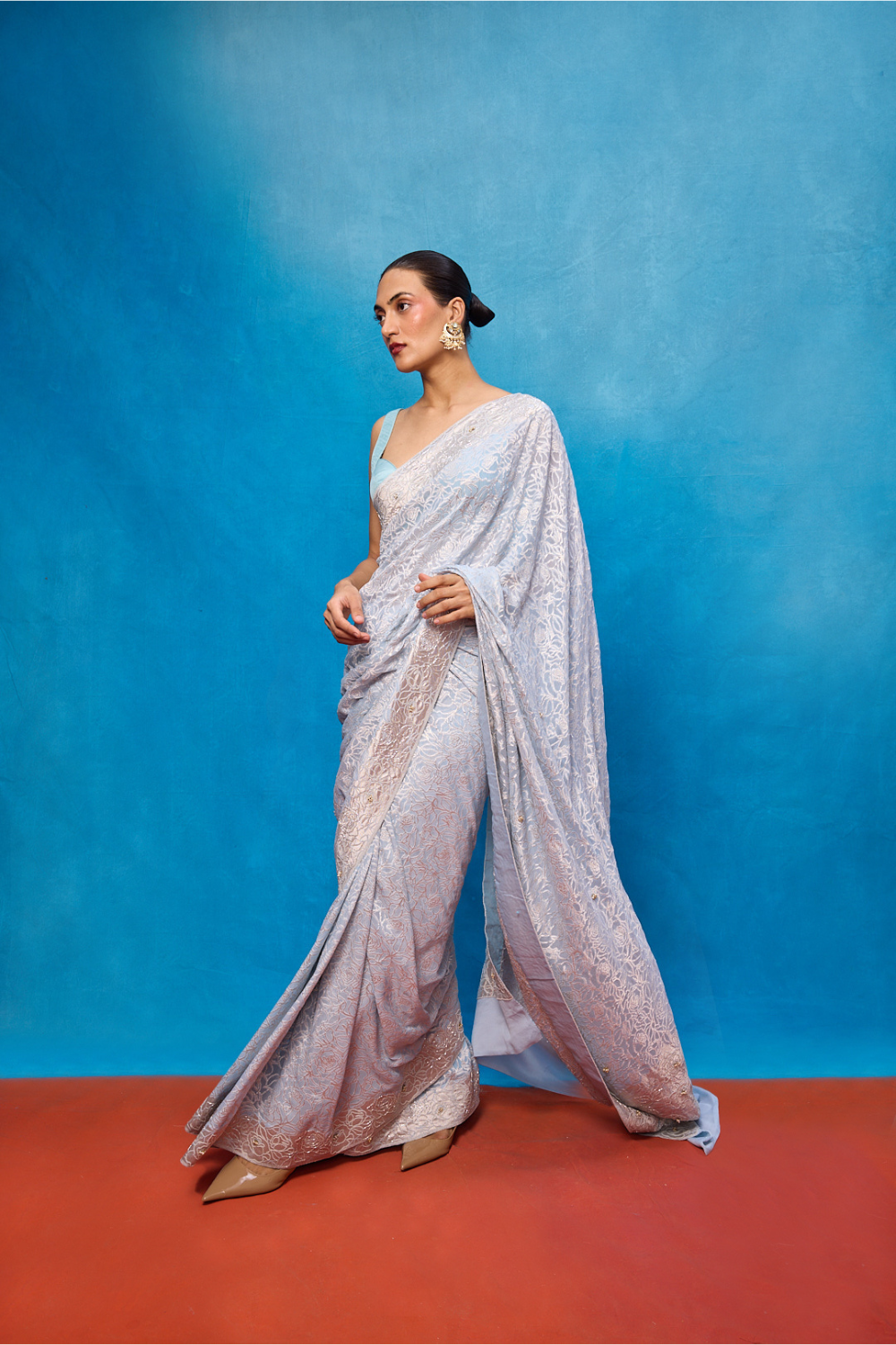 Handwoven Ice Blue Chiffon Embossed Saree