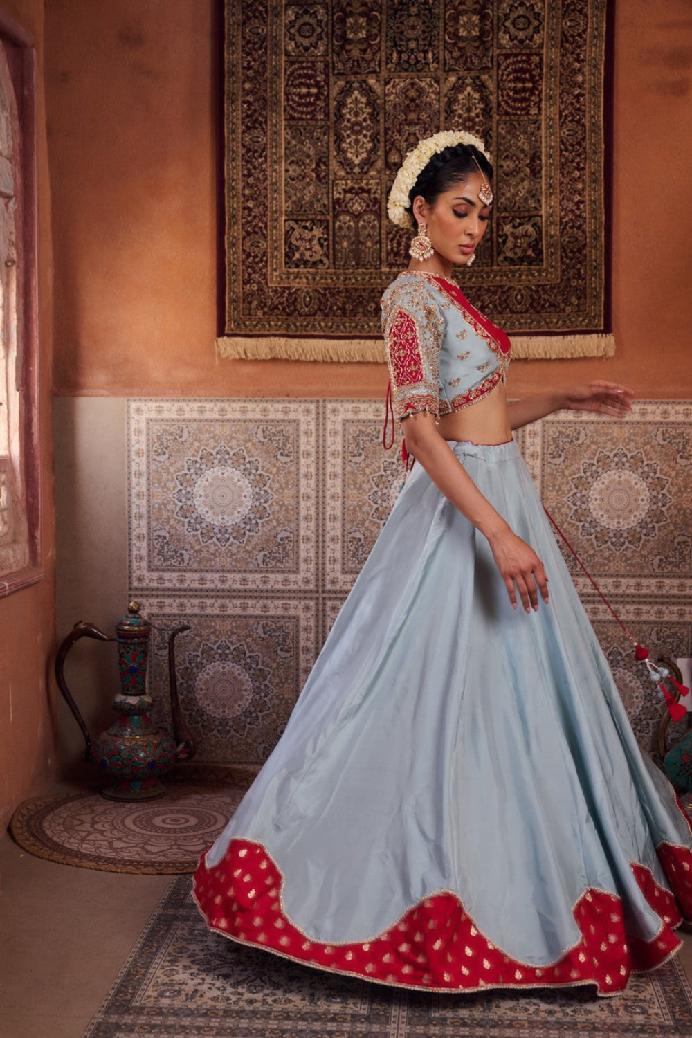 Powder blue and fuchsia silk blouse, lehenga and organza dupatta