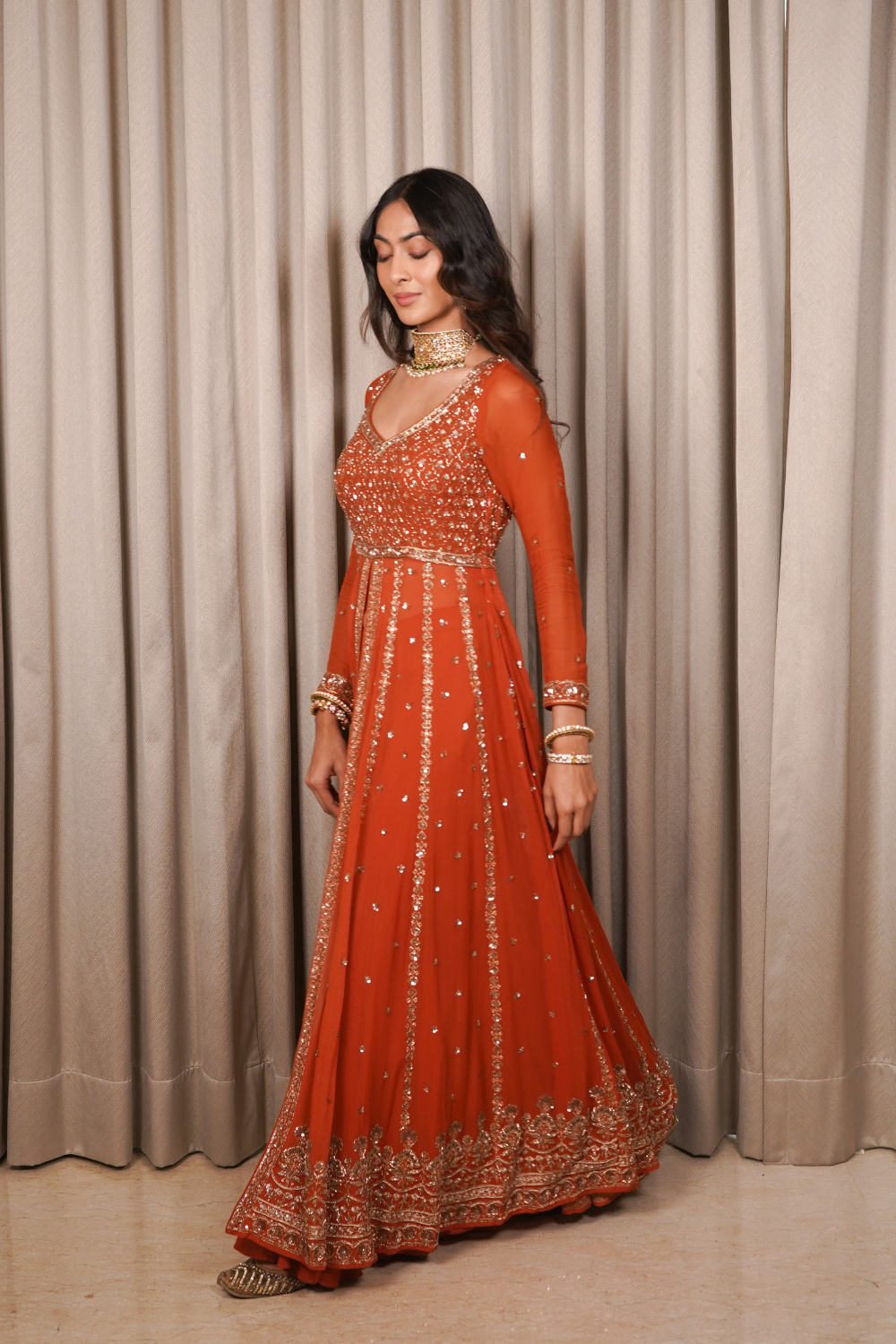 Rust Anarkali Set