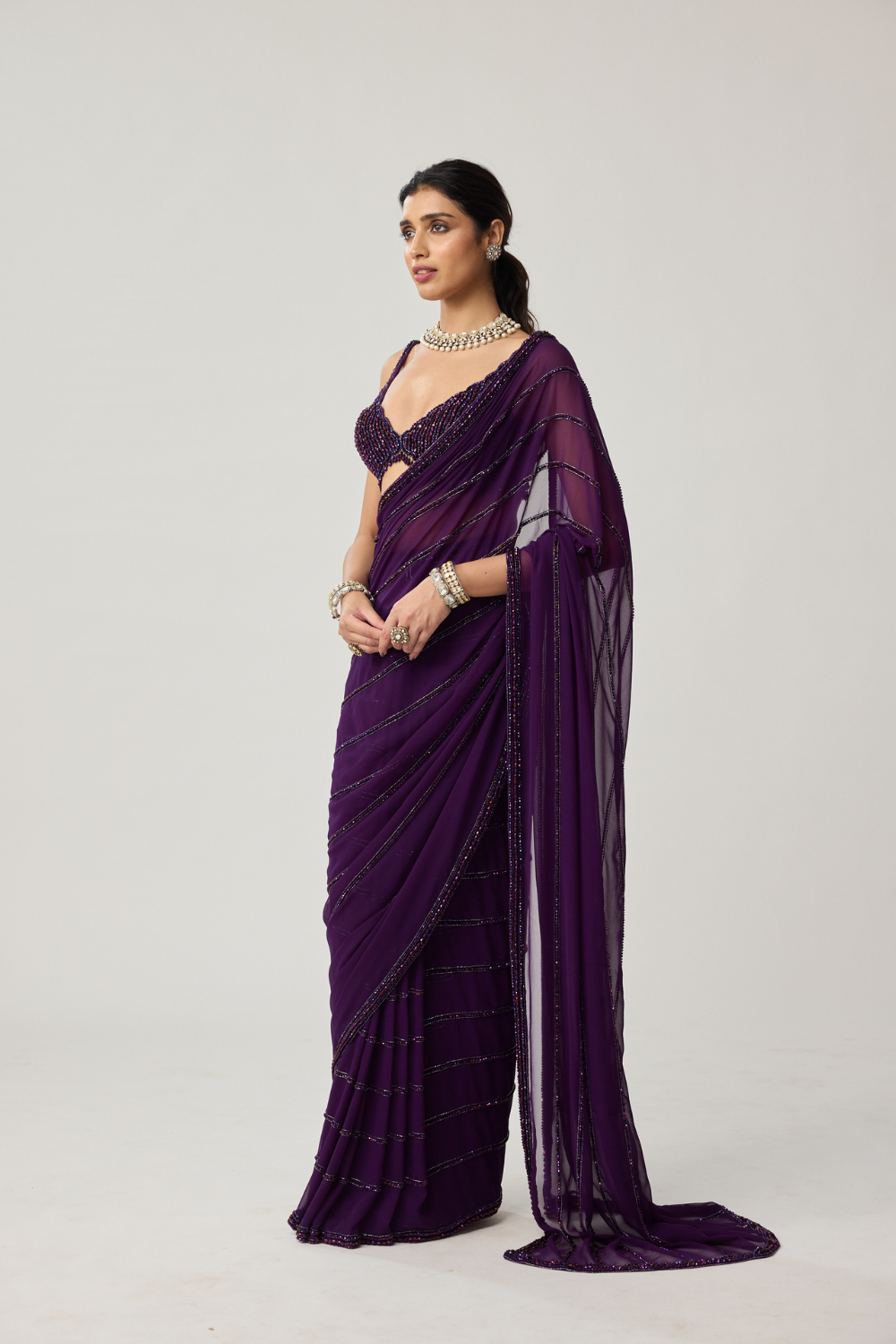 Royalty purple Crystal saree set