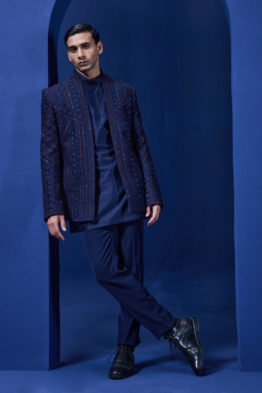 Navy Blue open bandhgala with thread,sequins & pearl work
