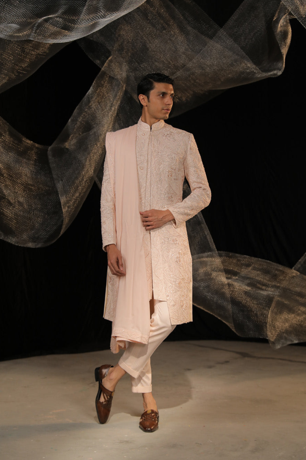 Crape Layerd Sherwani With Ai Designed Bead And Resham Work
