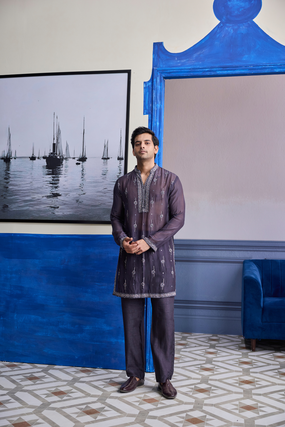 Charcoal Grey Sheer Embroidered Kurta with Pants