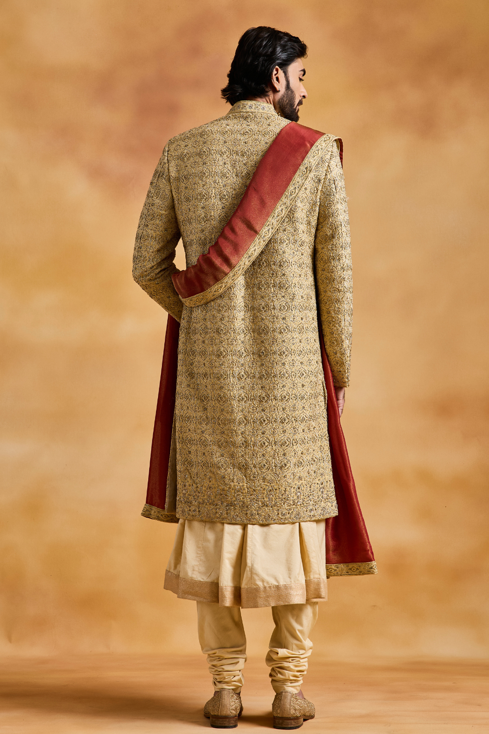 Gold Raw Silk Sherwani with Choga and Churidar