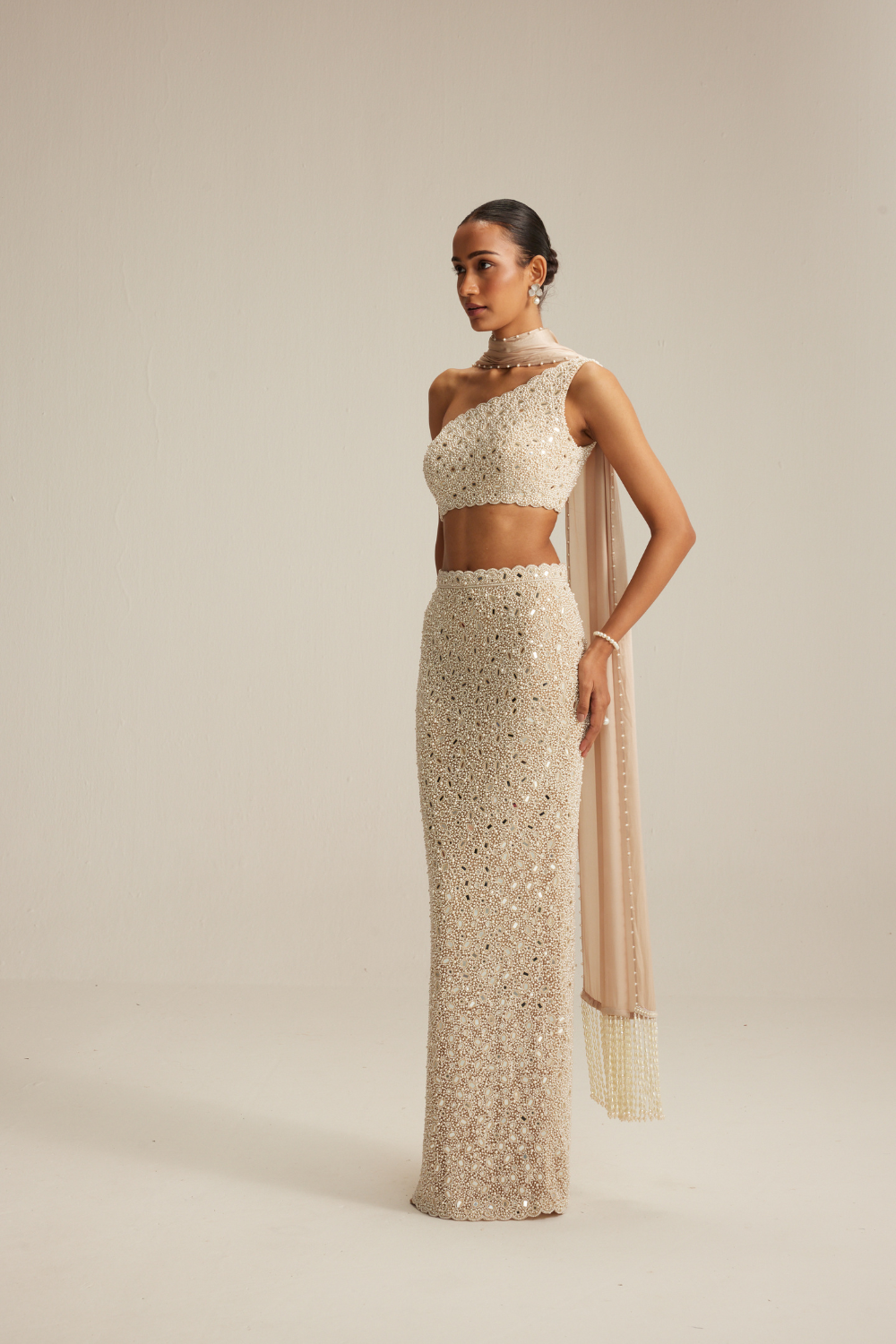 Light Beige Mirror & Pearl Pencil Skirt Set with One-Shoulder Blouse and Satin Stole