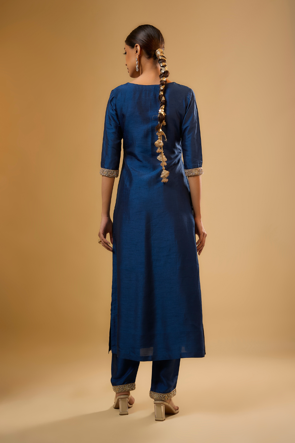 Egyptian blue semi dupion kurta pants set with floral gold embroidery