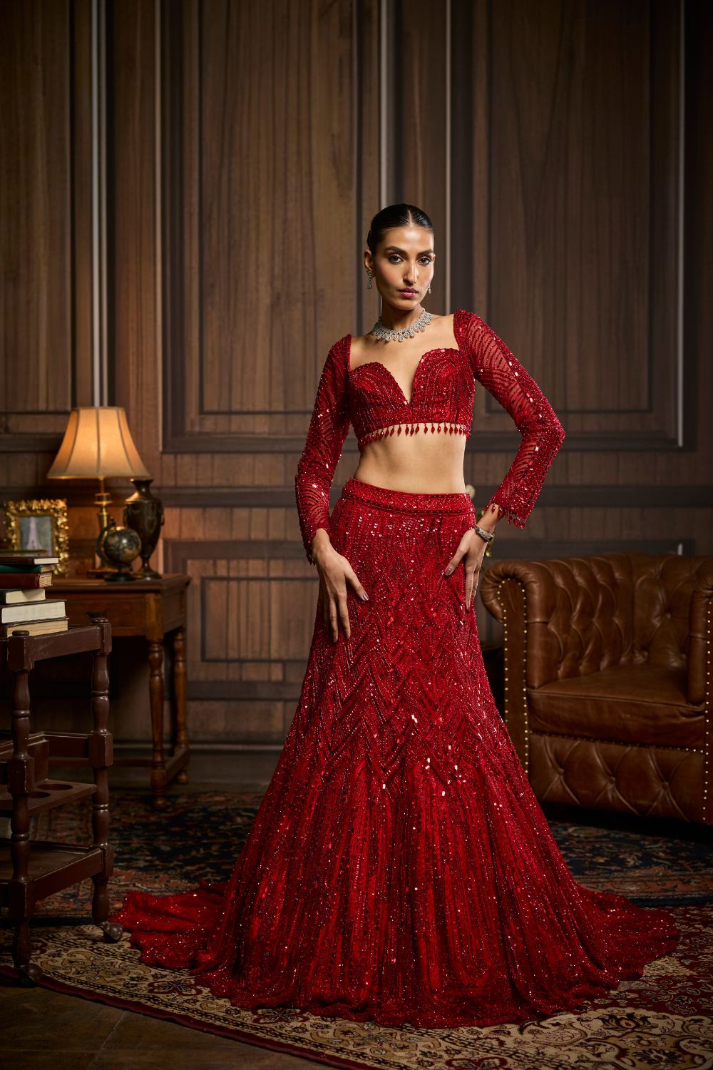 VERMELLION RED EMBROIDERED MERMAID SKIRT SET