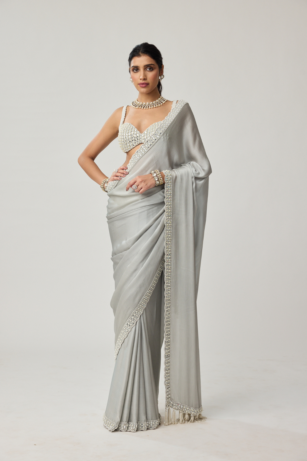 Powder Grey Chiffon Pearl and Mirror saree set