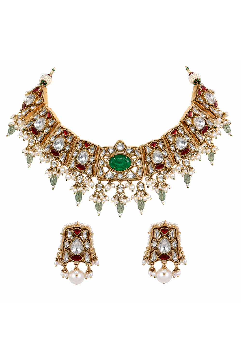 Sage Green Semi-Precious Stone Kundan Choker Set with Ruby Accents & Pearl Drops