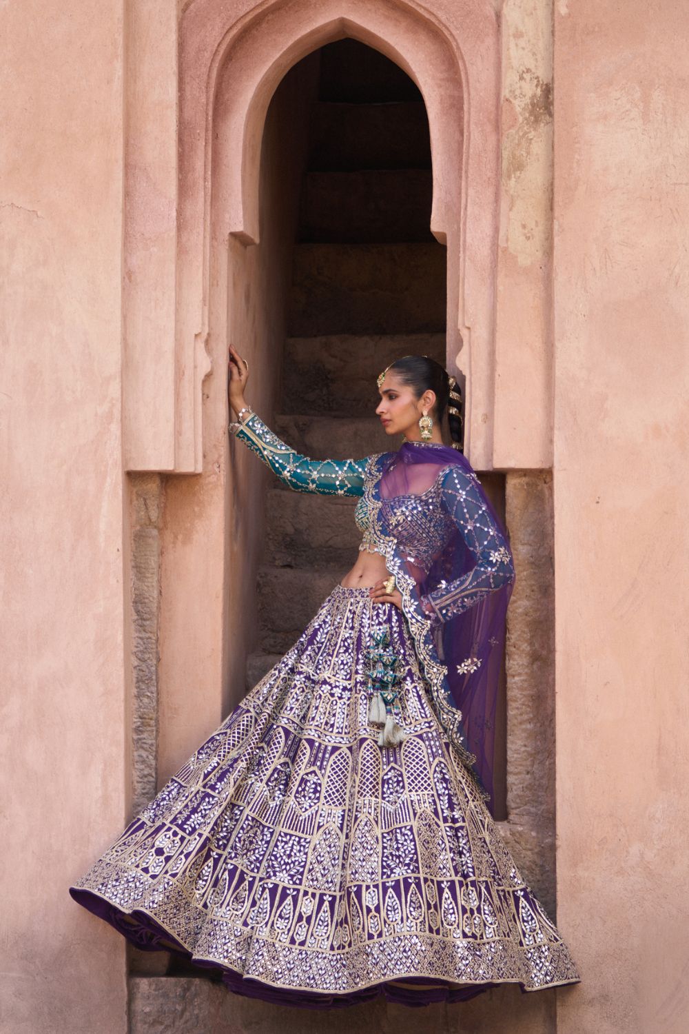 NEELAM — Bright Purple Raw Silk Lehenga Set with Contrast Blouse