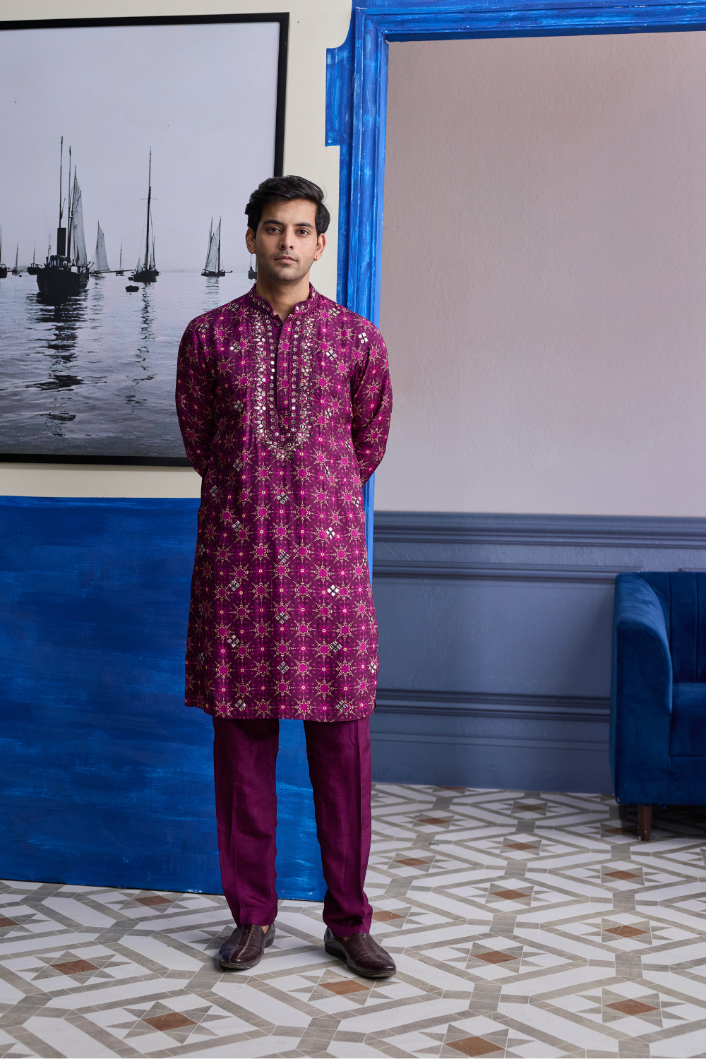 PLUM BUTTA PRINT HIGHLIGHTED KURTA WITH SOLID PANTS