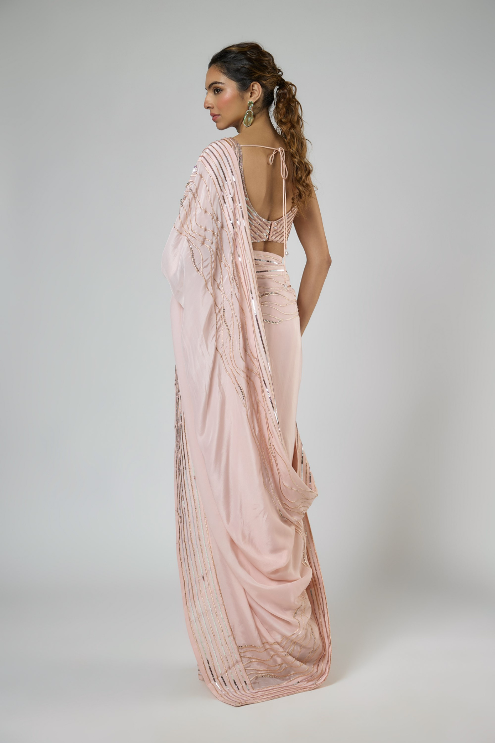 PEACHY PINK INTRICATE FLORAL EMBROIDERED SAREE WITH CORSET BLOUSE