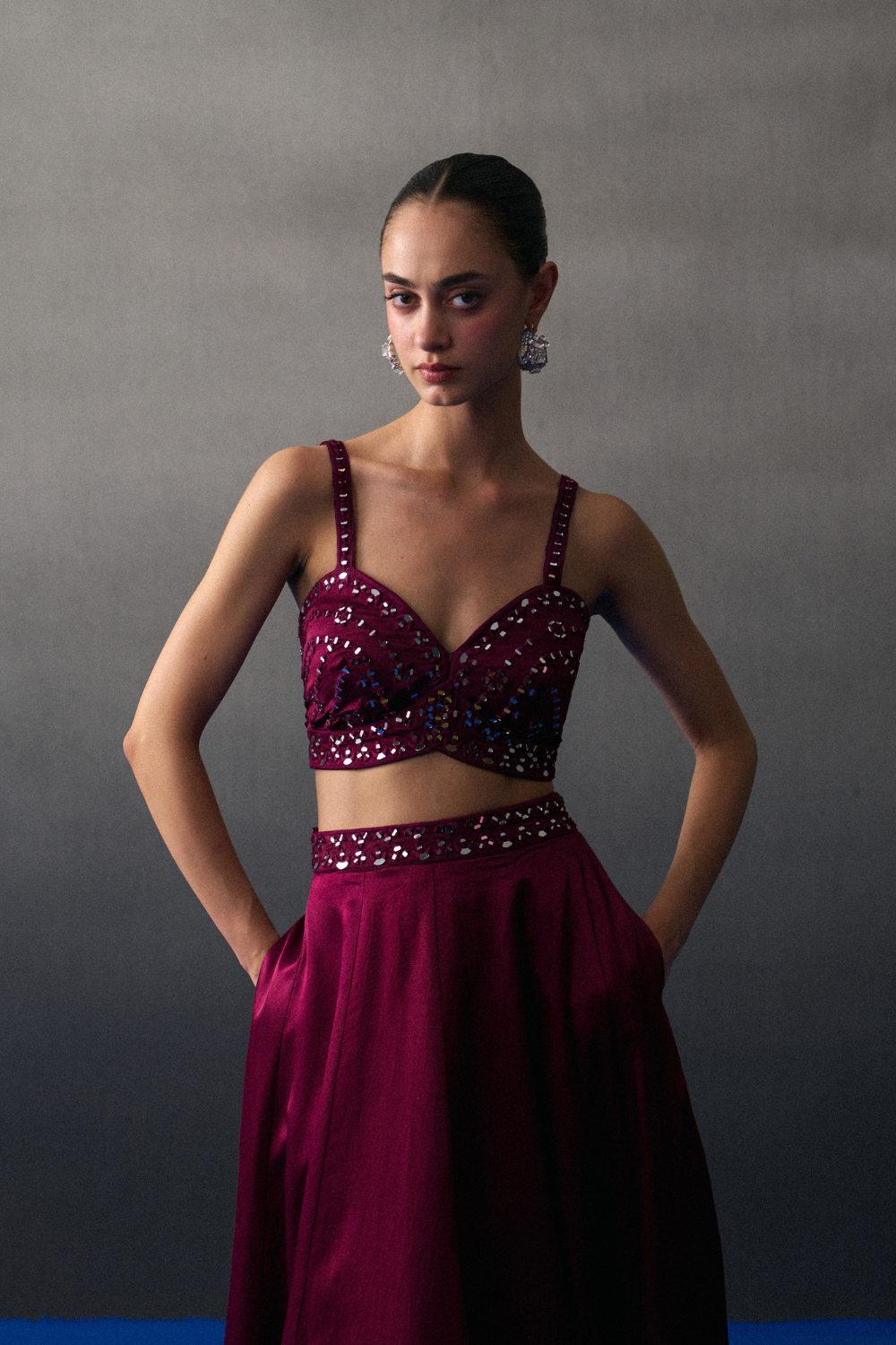 Crimson Satin Silk Skirt Set