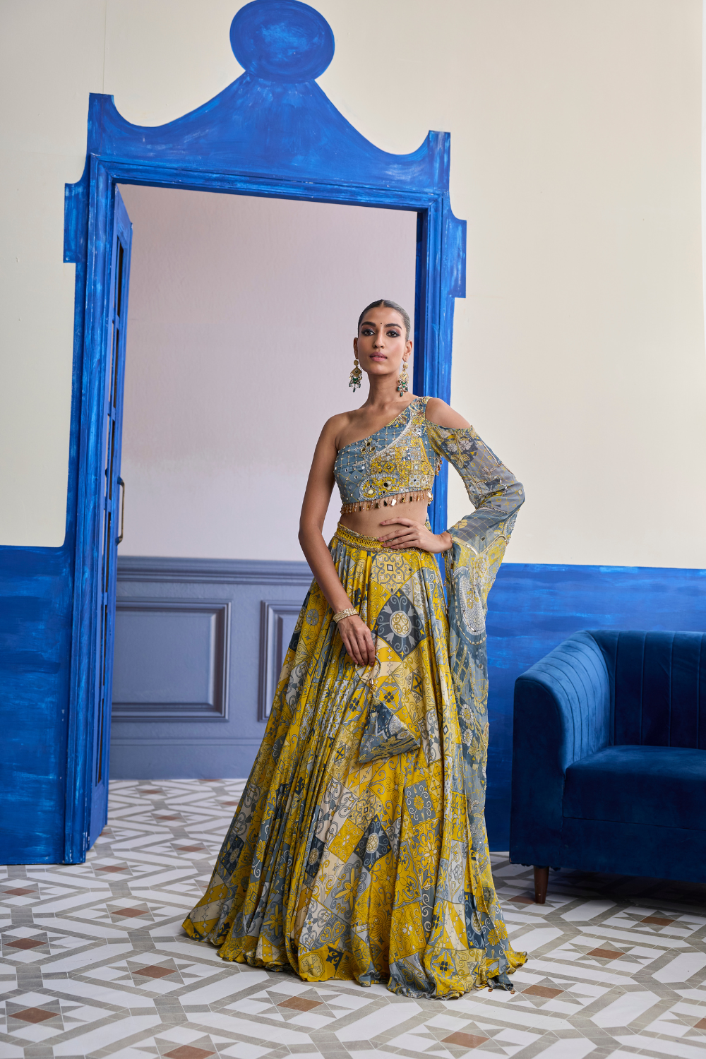 Yellow Mosaic One-Shoulder Blouse with Printed Lehenga Set