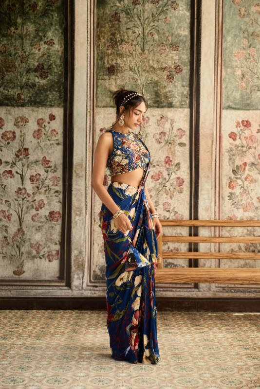 BLUE FLORAL PRINTED SKIRT SAREE SET