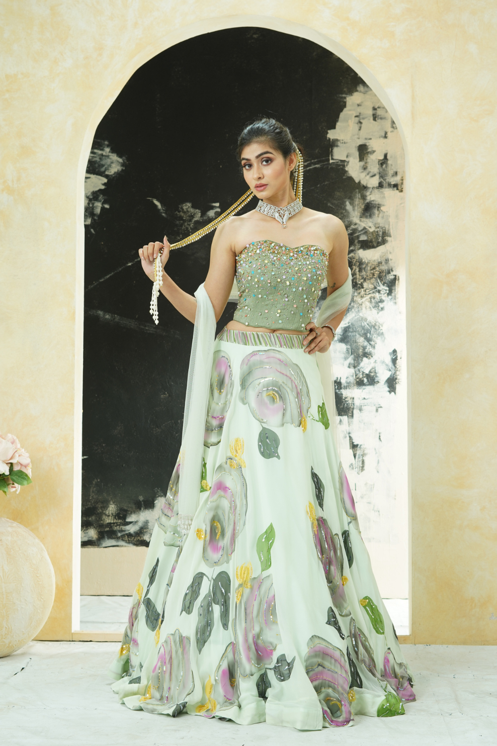 Mint Green hand painted lehenga and Green corset set