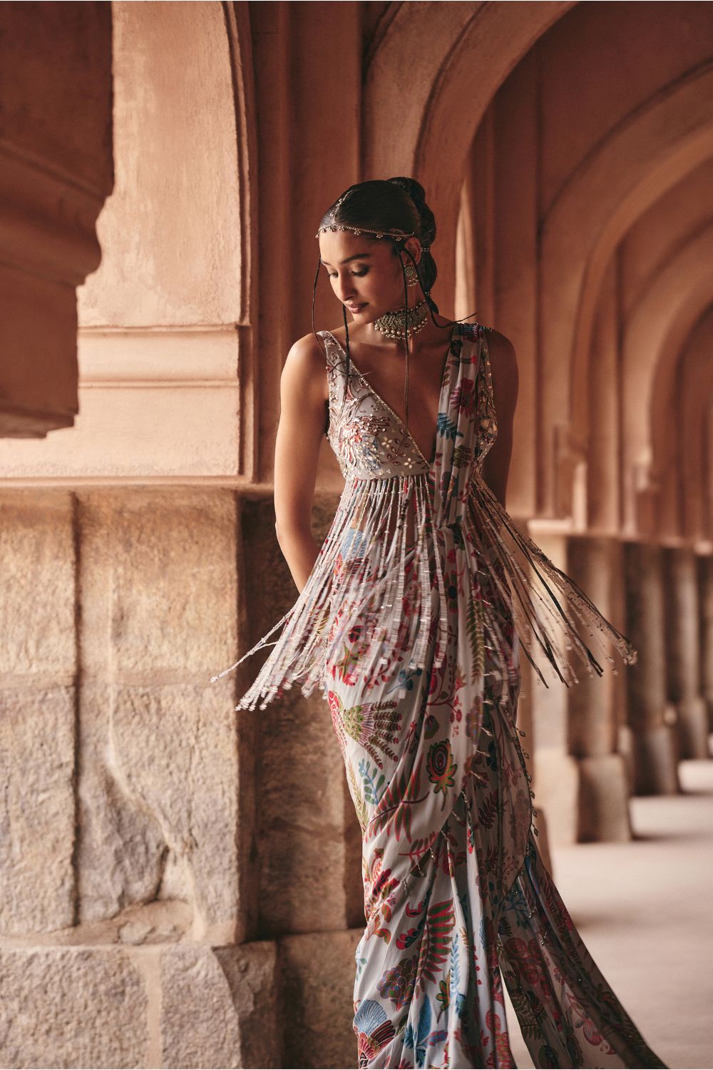 SLATE GREY PRINTED AND HIGHLIGHTED DHOTI SKIRT SAREE SET
