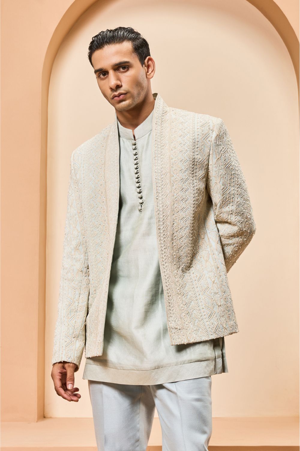 Powder blue open bandhgala with thread , sequins & pearl work