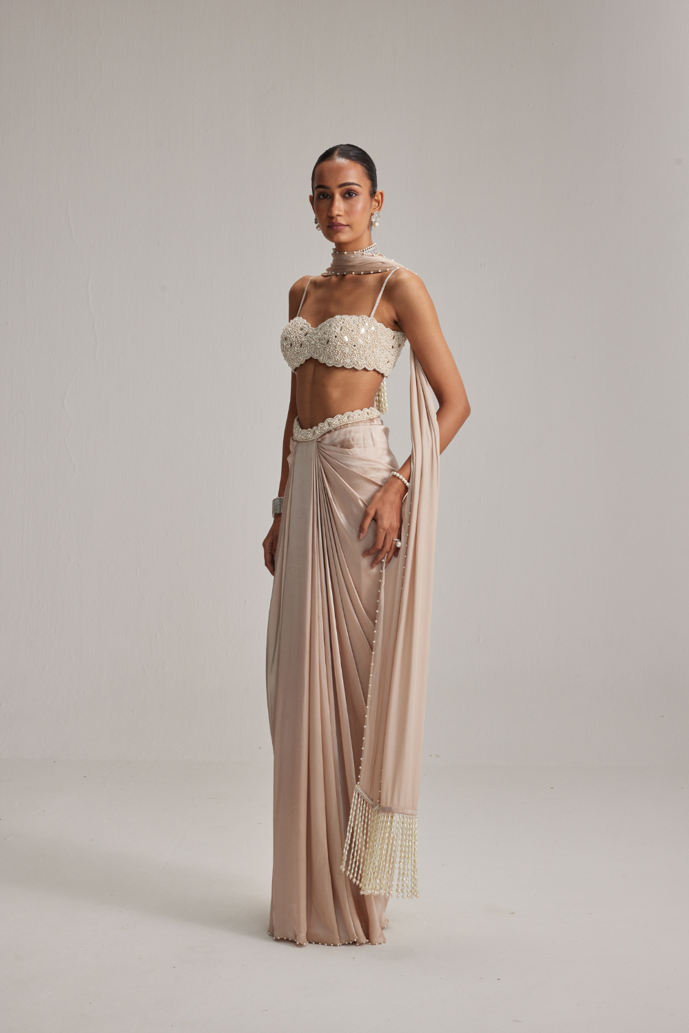 Light Beige Satin draped skirt set