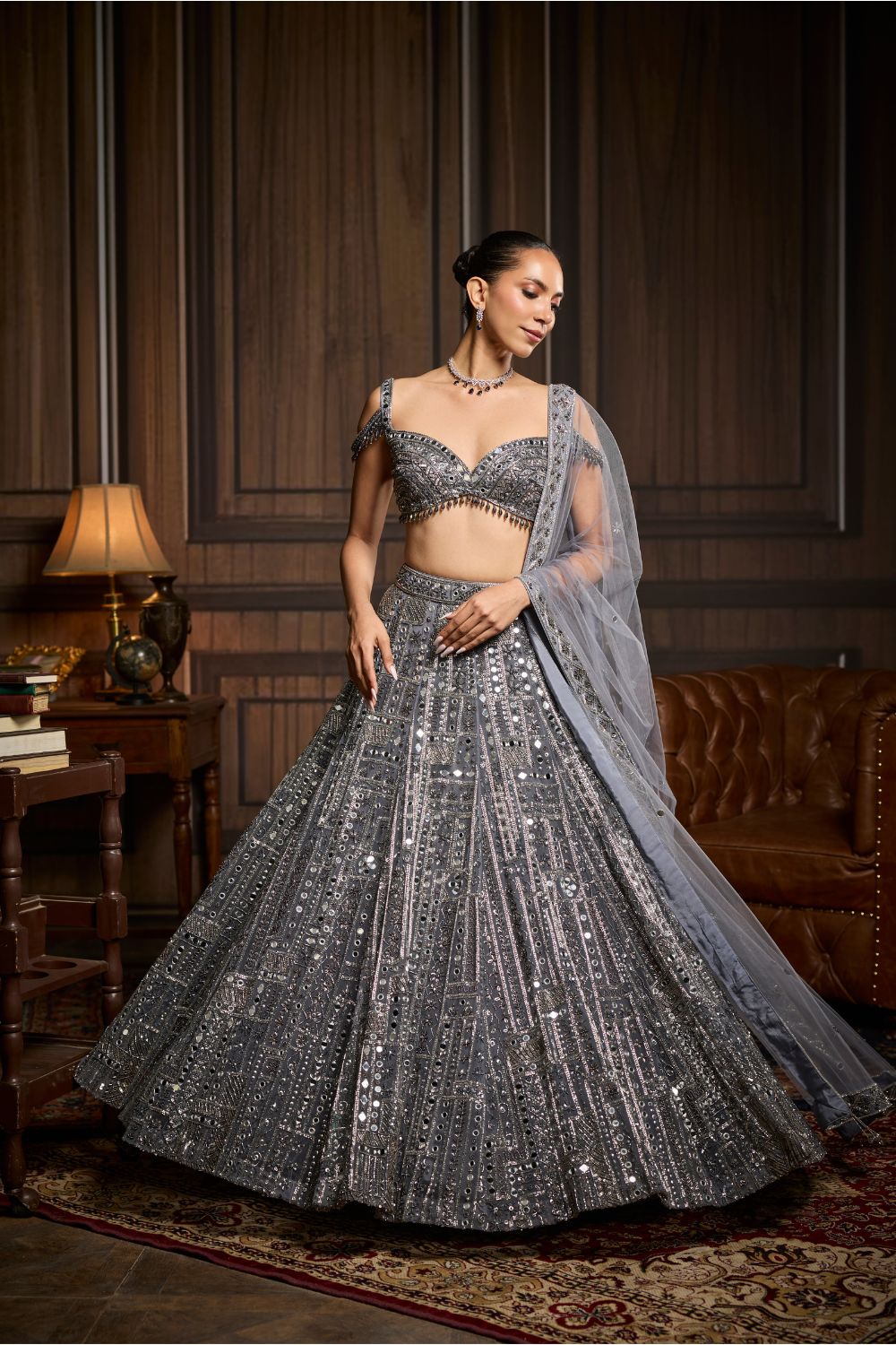 GUNMETAL EMBELLISHED MIRRORWORK LEHENGA SET