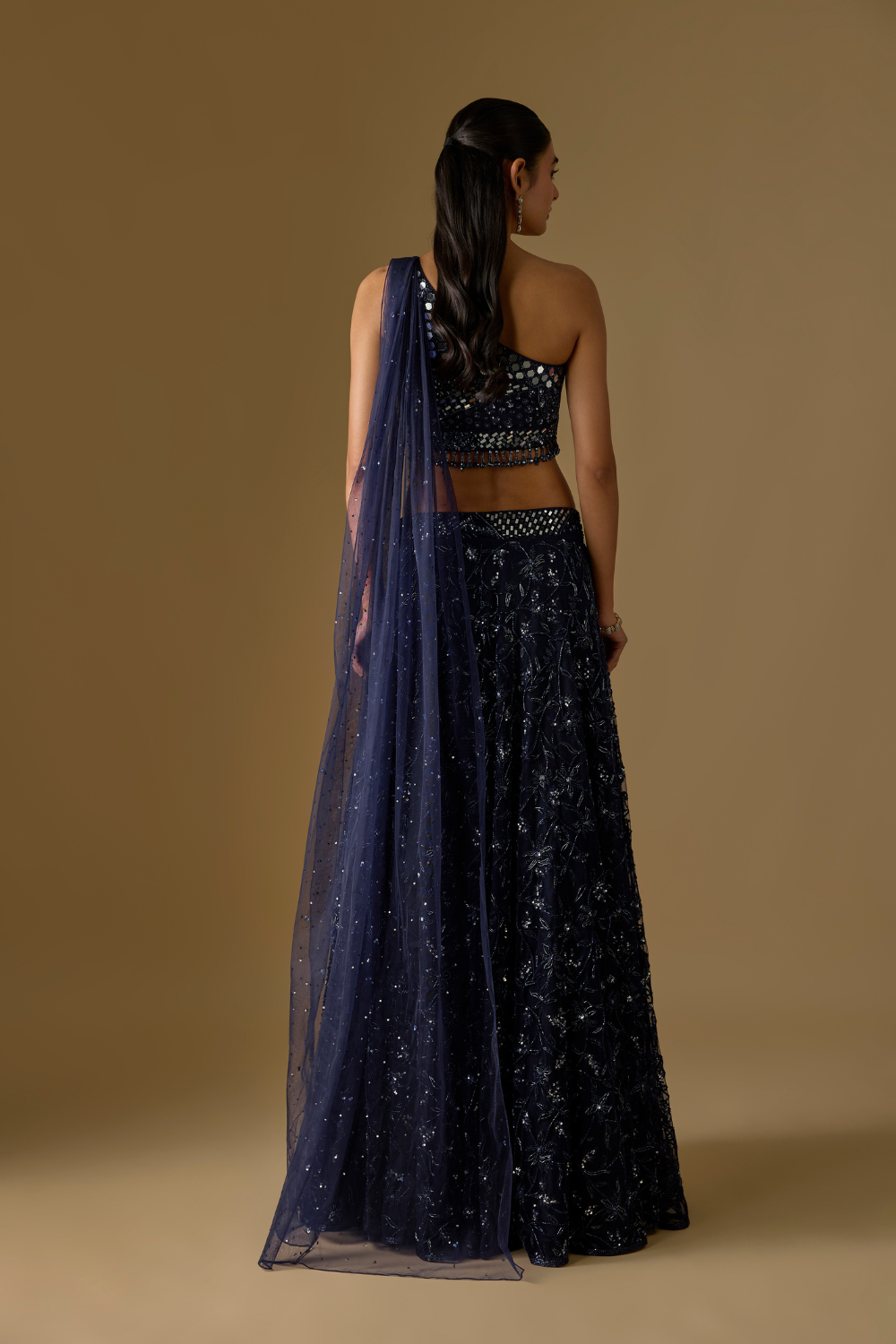 Tidea- Navy Blue Lehenga & One-Shoulder Blouse with Back Tail