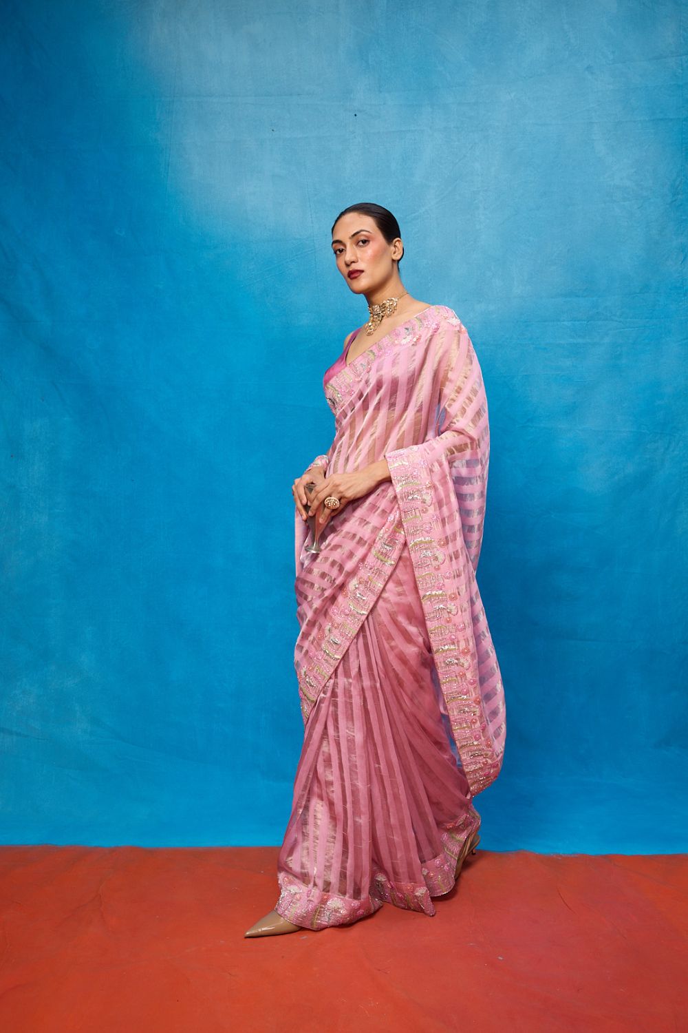 Handwoven Pink Tissue Embroidered Saree