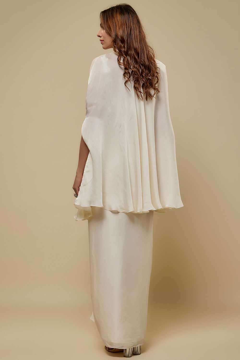 Finch- Drape skirt paired with hand embroidered floral blouse and cape