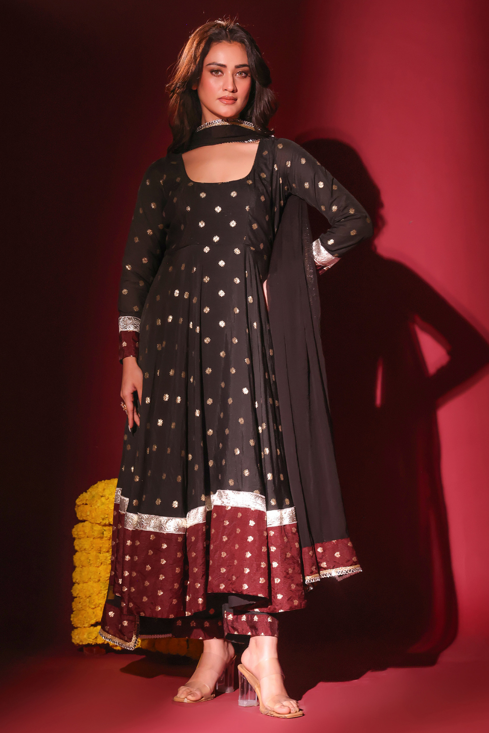 Black Maroon Anarkali Set