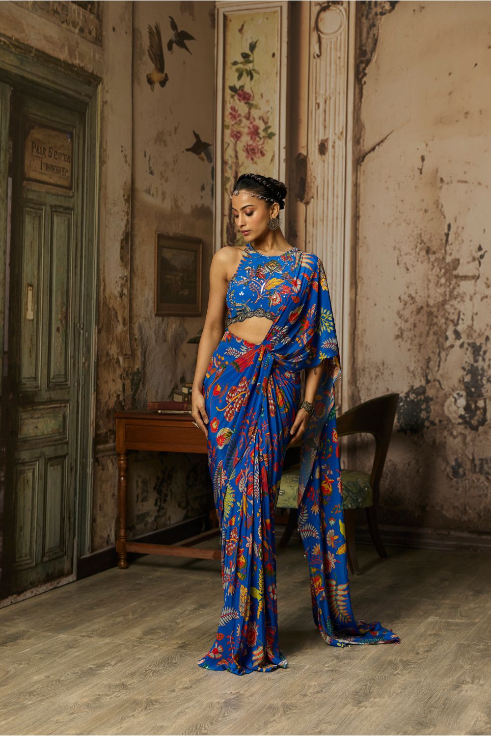 ELECTRIC BLUE PRINTED AND HIGHLIGHTED DHOTI SKIRT SAREE SET