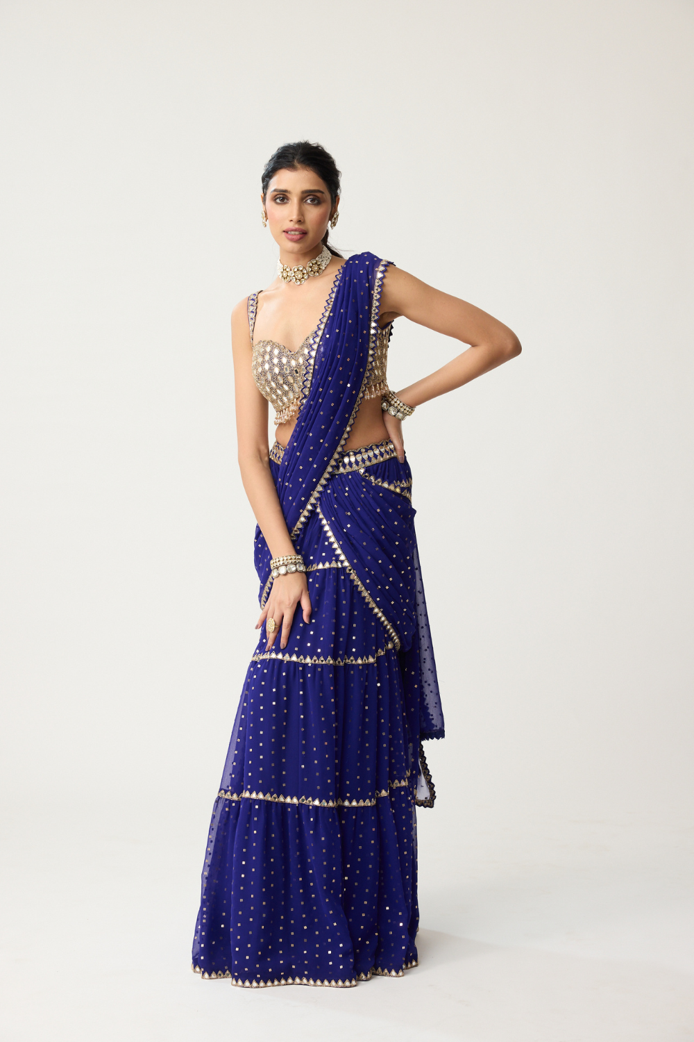 Persian Blue Multi-tier Mirror Saree Set