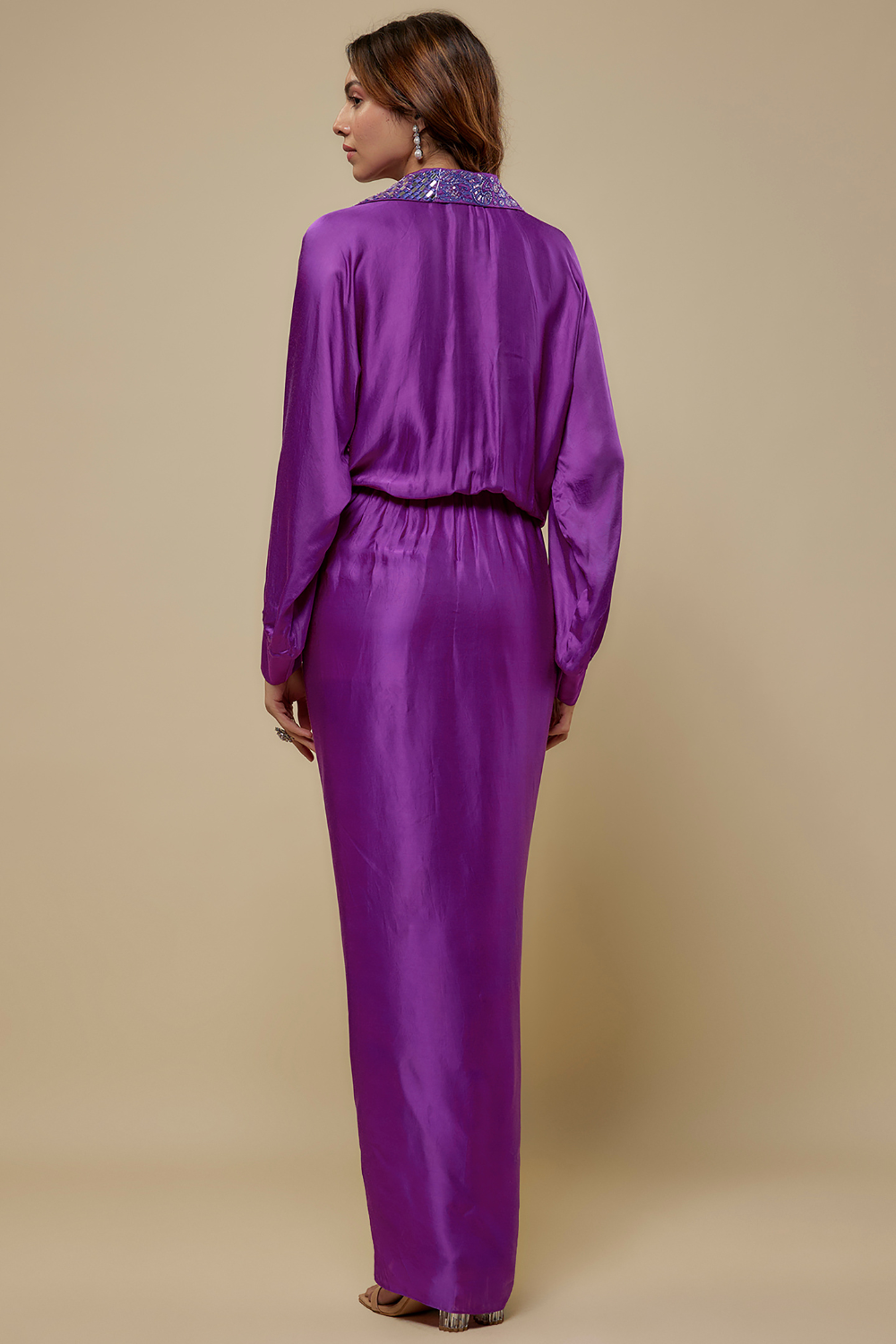 Sireli Purple drape dress with hand embroidered collar