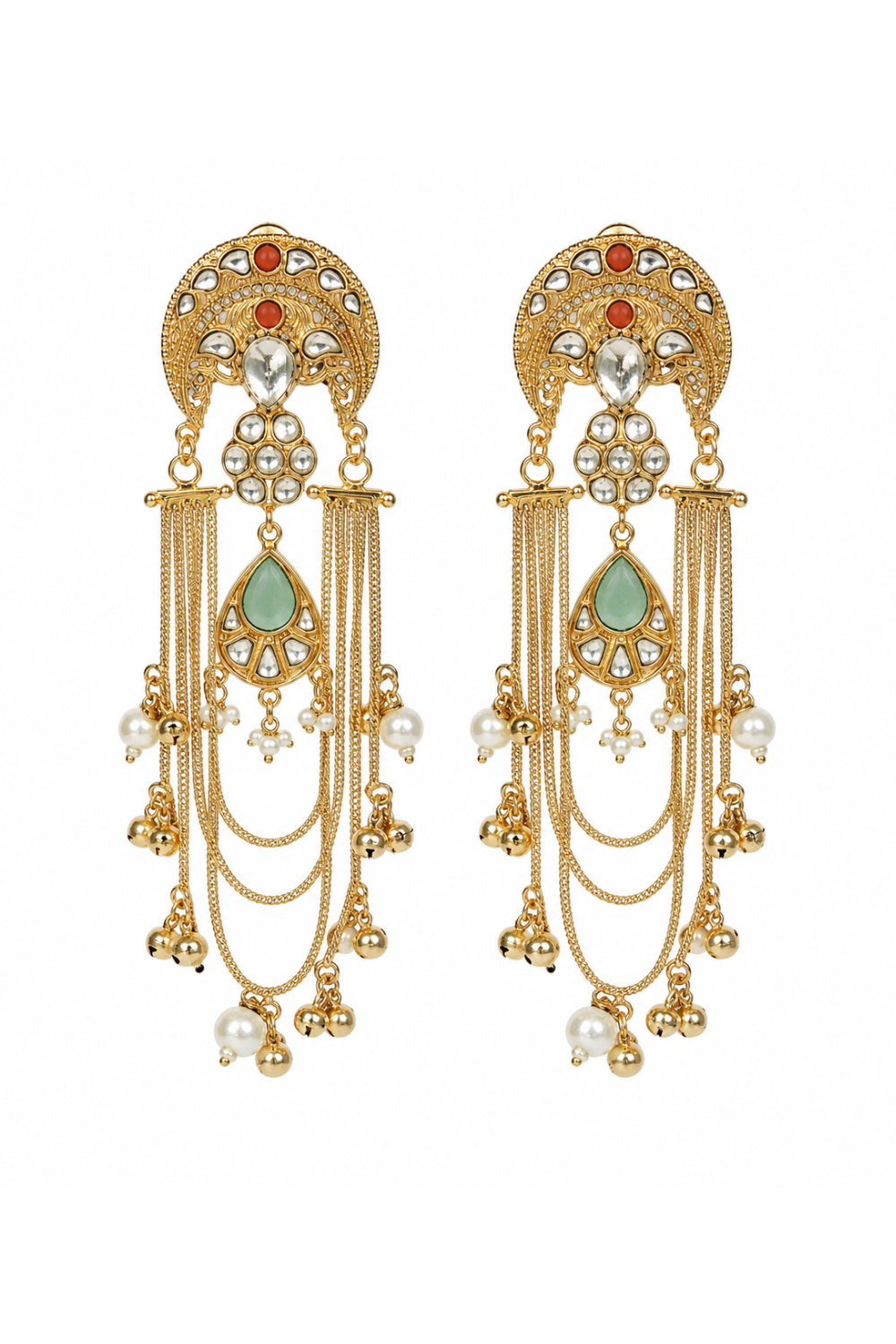 Kundan Sage Green Chain Drop Statement Earrings