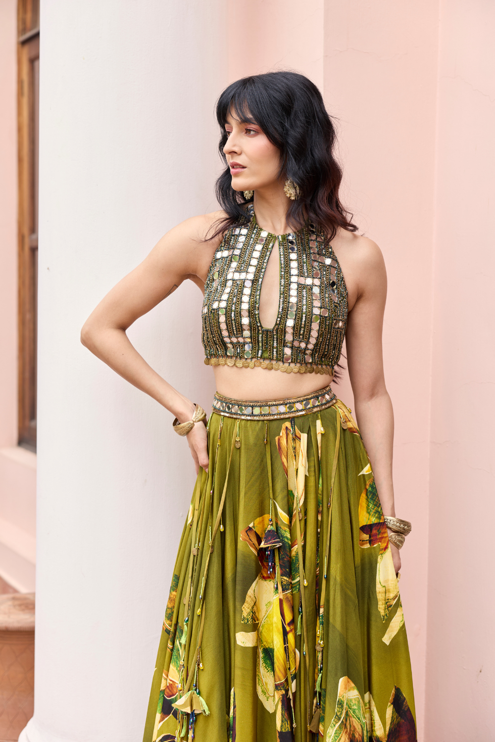 MATCHA GREEN FLORAL TASSELED LEHENGA SET
