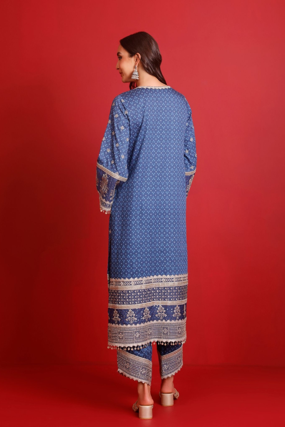 Lari Pima Satin Printed Navy Kurta Set