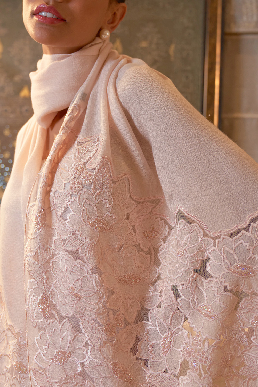 A Rose Dream | Embroidered Wool Silk Stole – Pearl