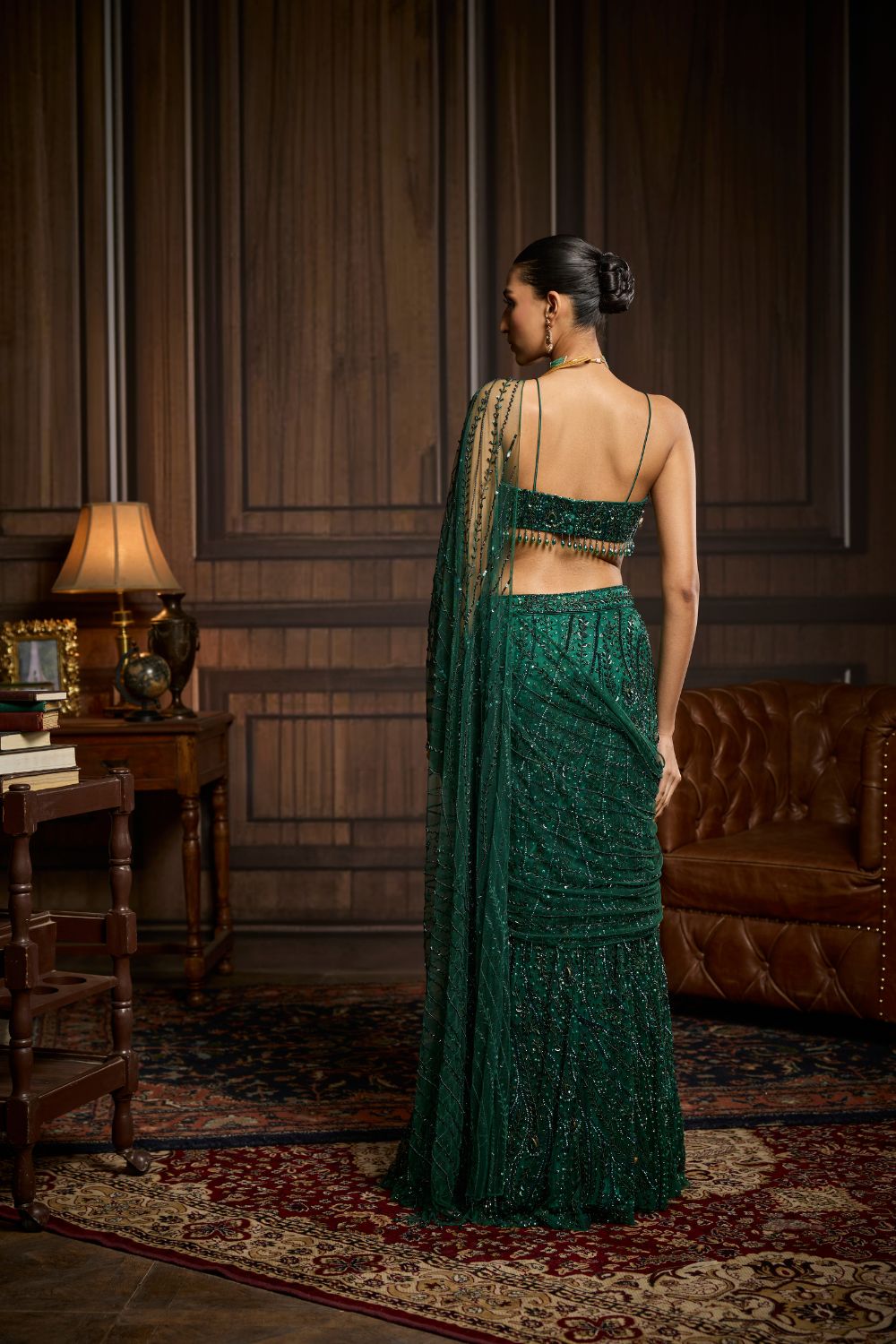 EMERALD GREEN EMBELLISHED BLOUSE AND PRE-DRAPED SAREE SET