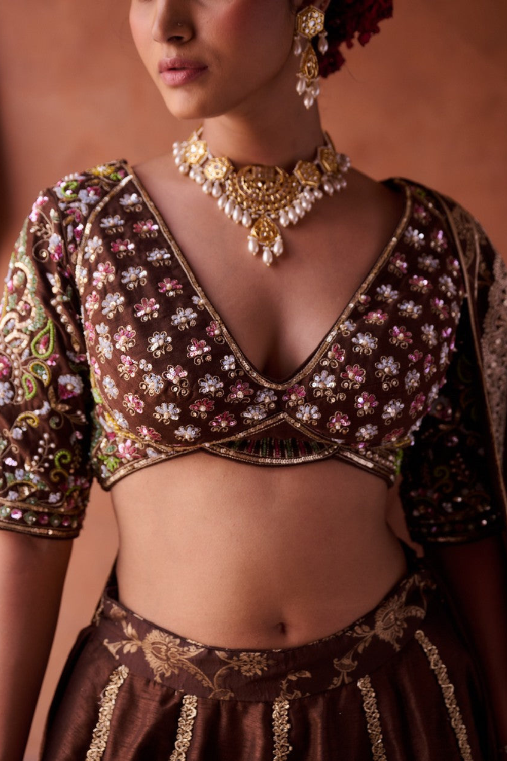 Brown upada silk blouse, lehenga and organza dupatta