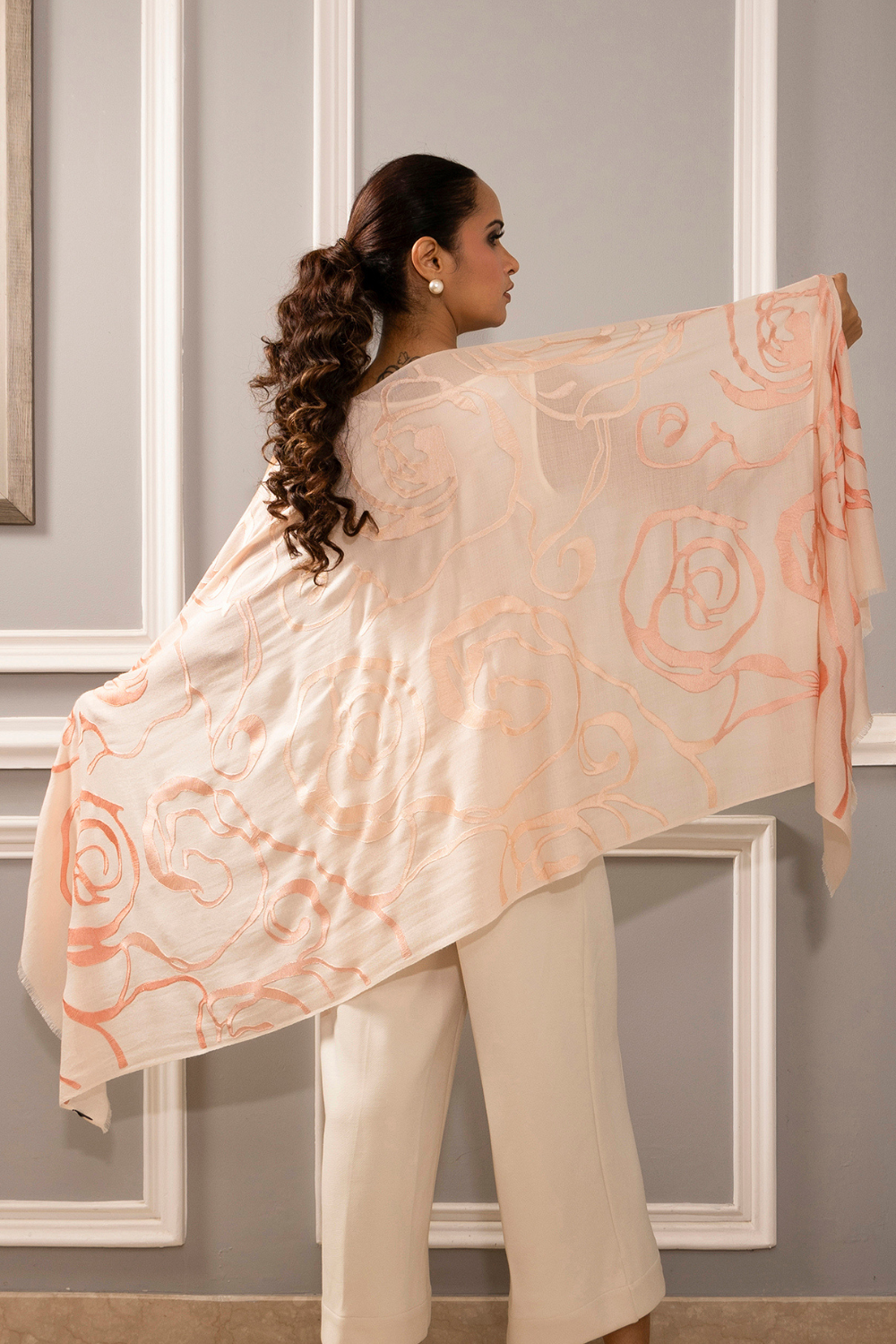 The Abstract Rose Ombre | Embroidered Fine Wool Silk Stole
