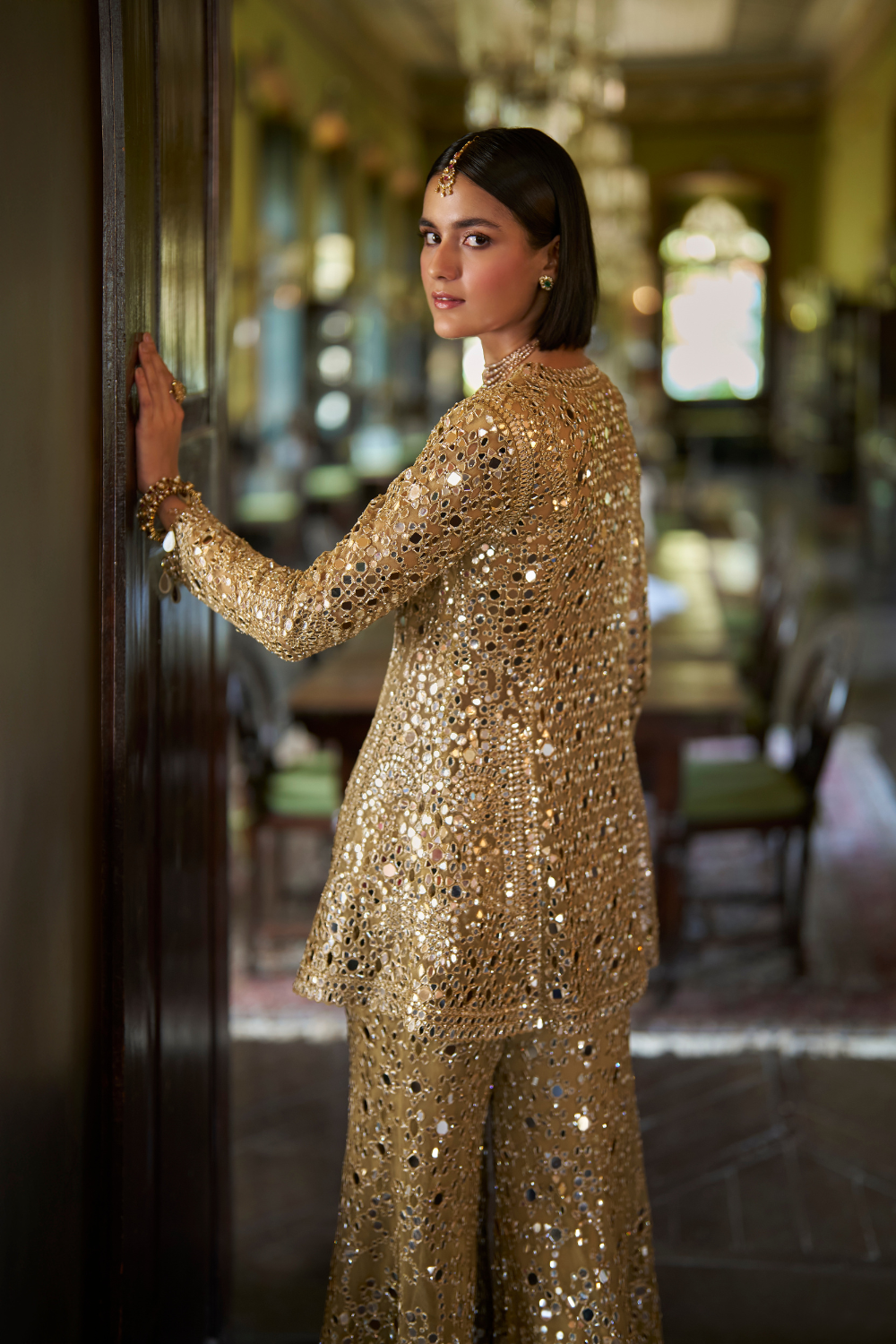 Gold Mirror Work Sharara Set