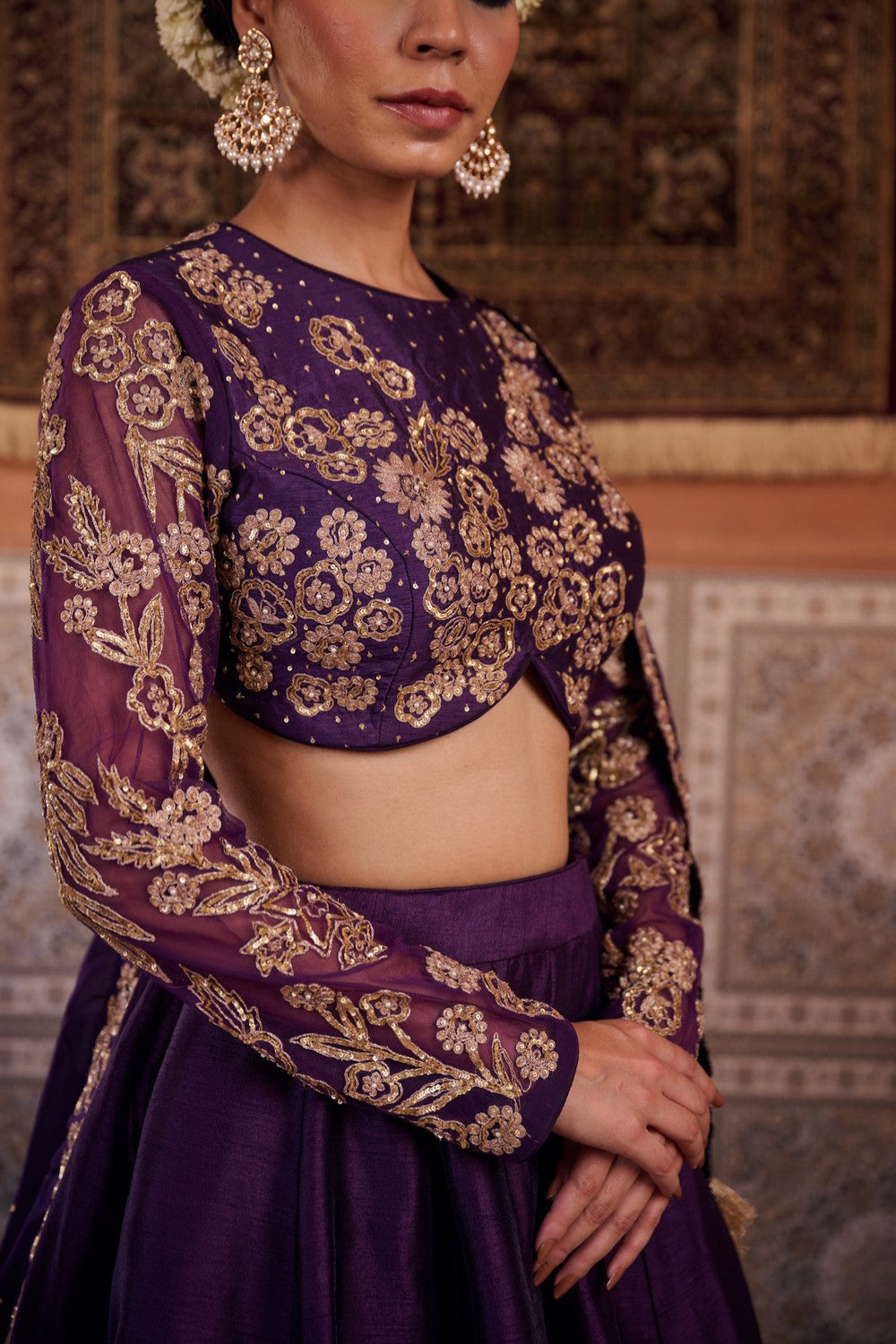 Purple dupion silk blouse, lehenga and organza silk dupatta