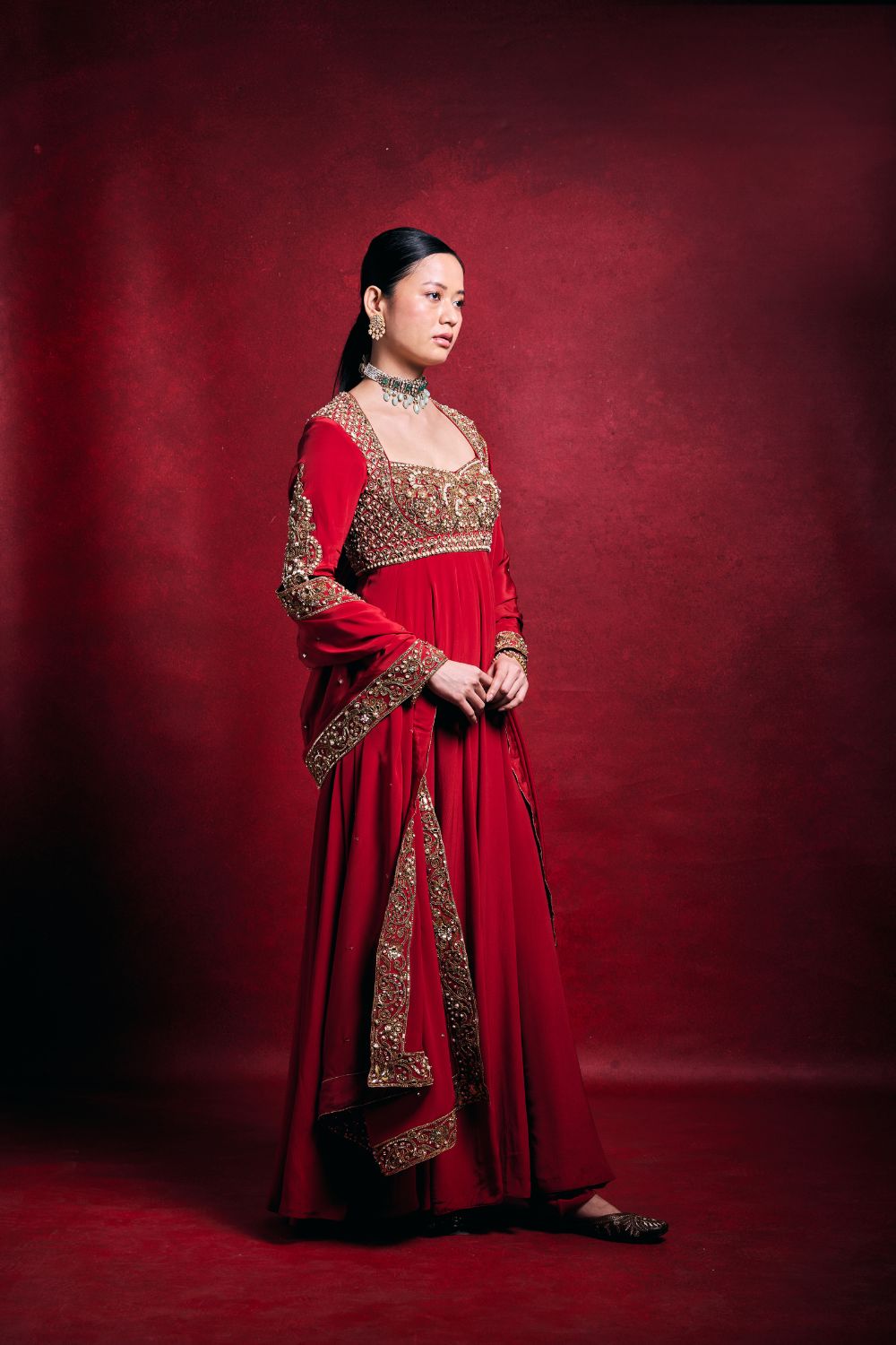 RED CREPE ANARKALI SET