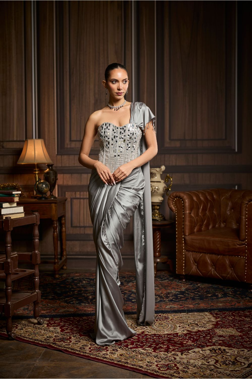 SILVER EMBELLISHED BLOUSE AND PRE DRAPED SAREE SET