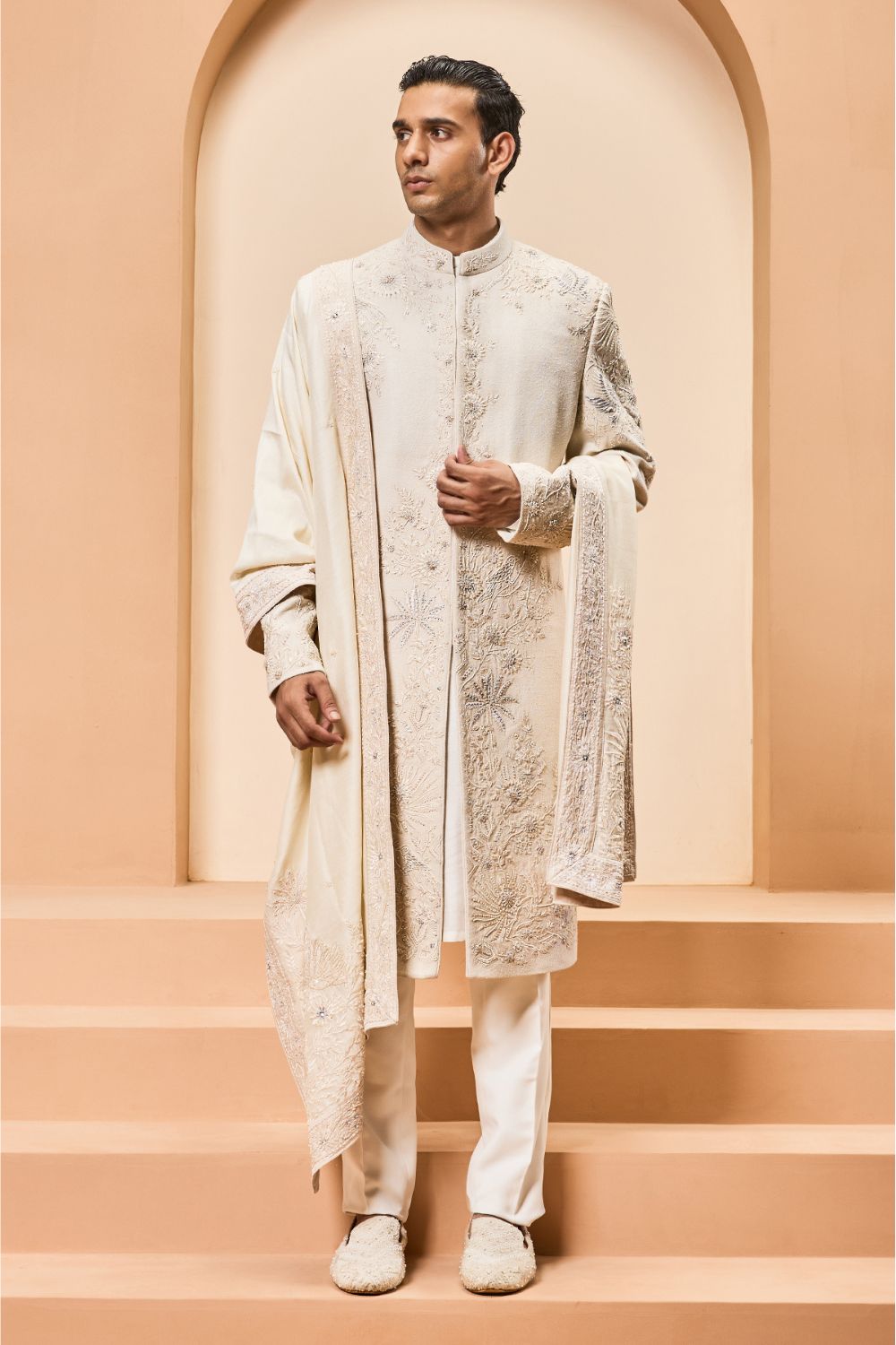 Ivory sherwani with pearl,sequins and resham thread work
