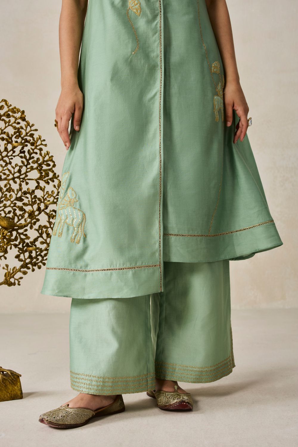 Chanderi Applique work Kurta With Pant Set