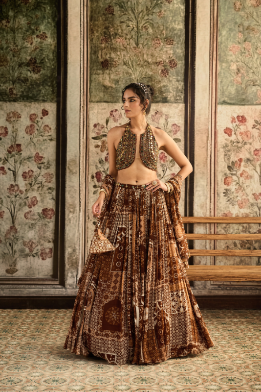 CARAMEL EMBROIDERED HALTER BLOUSE WITH PRINTED LEHENGA SET