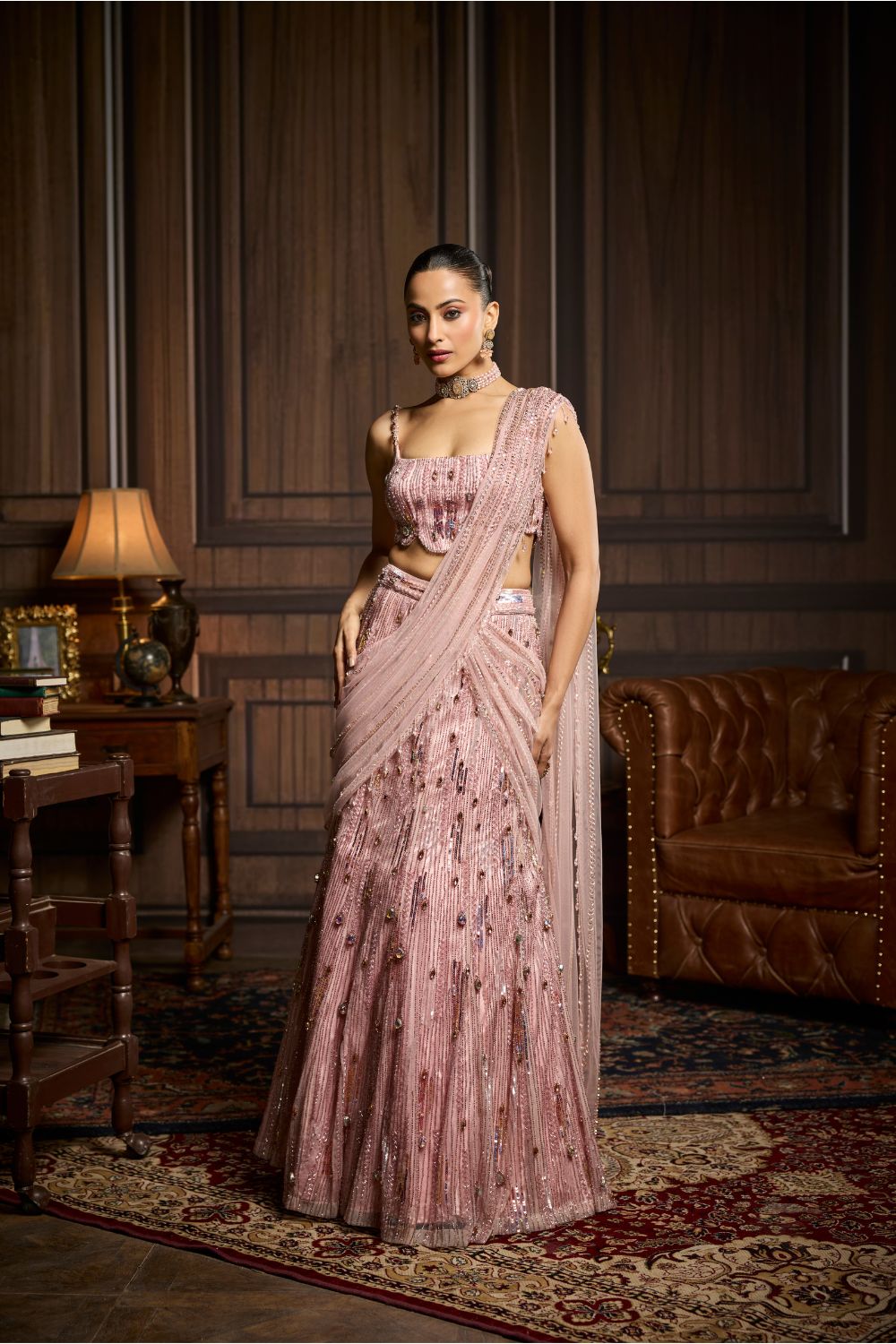 BLUSH PINK EMBELLISHED PRE-DRAPED SKIRT SAREE SET
