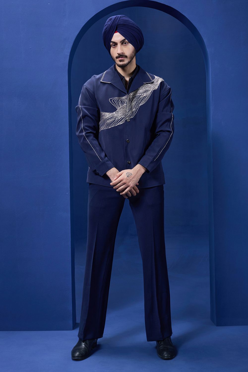 Navy Blue cord set detailing with thread embroidery